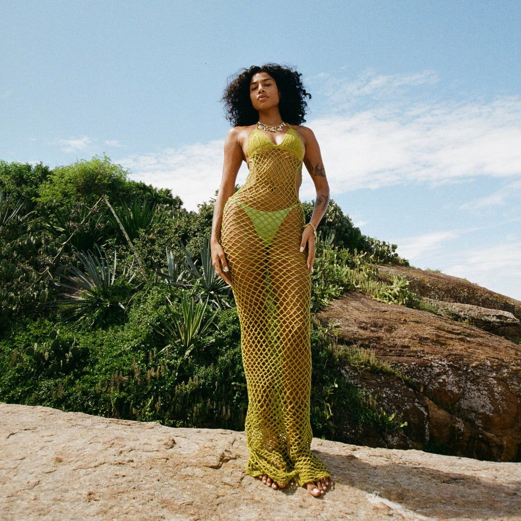 Farruche Coco Green Crochet Maxi Dress